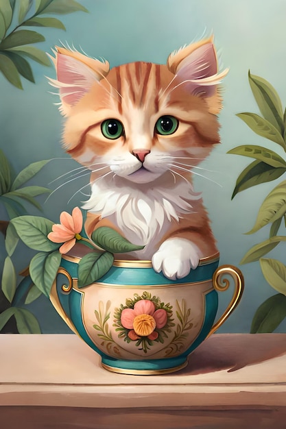 Une peinture d'un chat aux yeux verts se trouve dans une tasse.