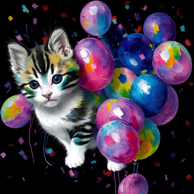 Une peinture d'un chat avec des ballons et des confettis dessus.