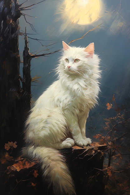 une peinture d'un chat blanc assis sur une souche avec des feuilles en arrière-plan