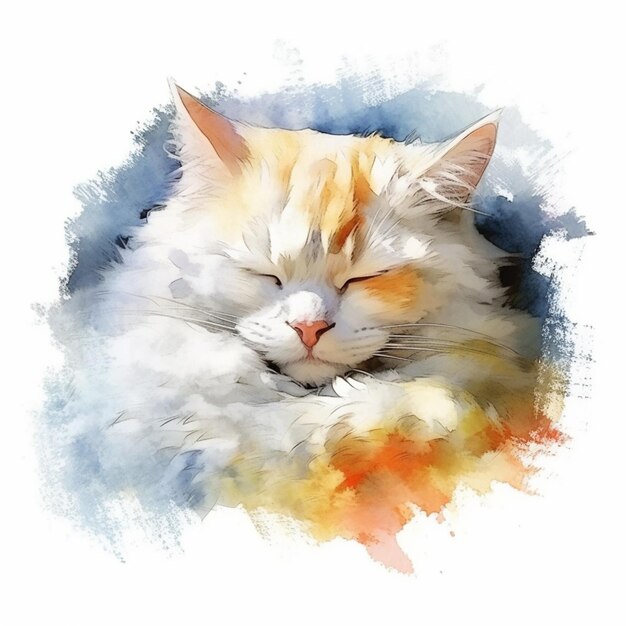 peinture d'un chat blanc aux yeux orange dormant sur une surface blanche générative ai