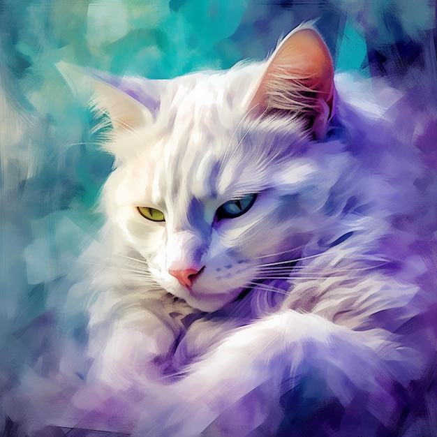 Peinture d'un chat blanc aux yeux verts fixant l'IA générative