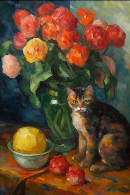 Une peinture d'un chat et d'un bol de citrons.