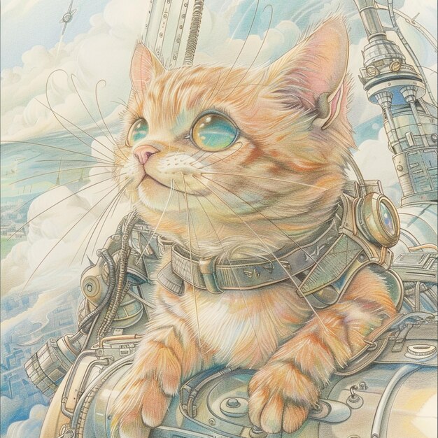 peinture d'un chat avec un casque et un fond de ciel génératif ai