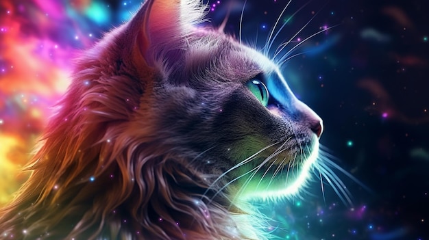 Une peinture de chat coloré illuminé est un bel art généré par Ai.