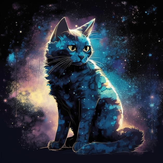 Une peinture d'un chat coloré se repose dans un espace