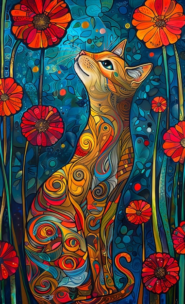 Une peinture d'un chat dans un champ de fleurs