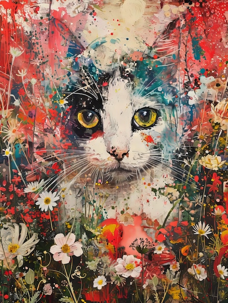 Une peinture d'un chat dans un champ de fleurs