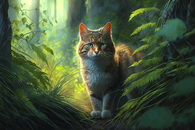 Une peinture d'un chat dans la forêt