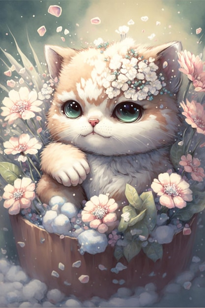 Peinture d'un chat dans un pot de fleur générative ai