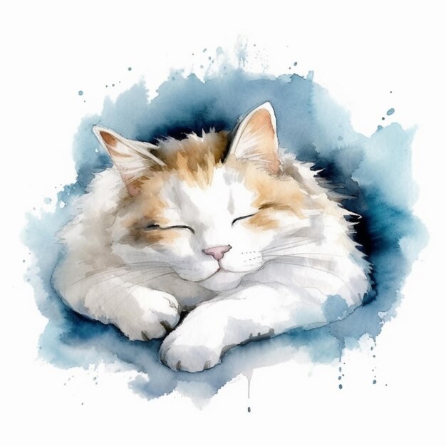 peinture d'un chat dormant sur un fond bleu avec des taches d'aquarelle ai générative