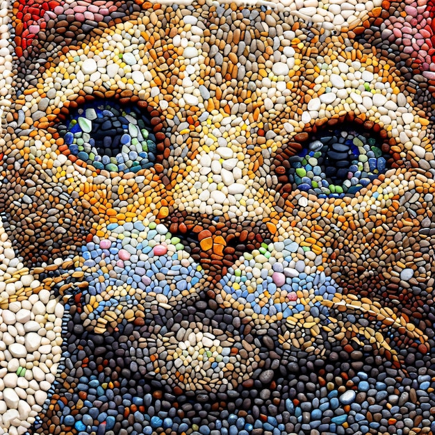 Une peinture d'un chat faite de cailloux