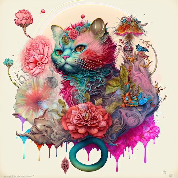 Une peinture d'un chat avec une fleur dessus