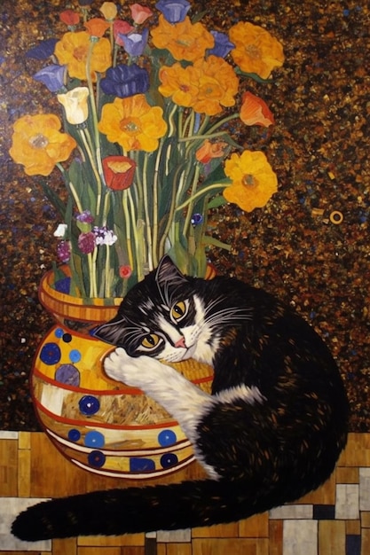 Une peinture d'un chat avec des fleurs dedans