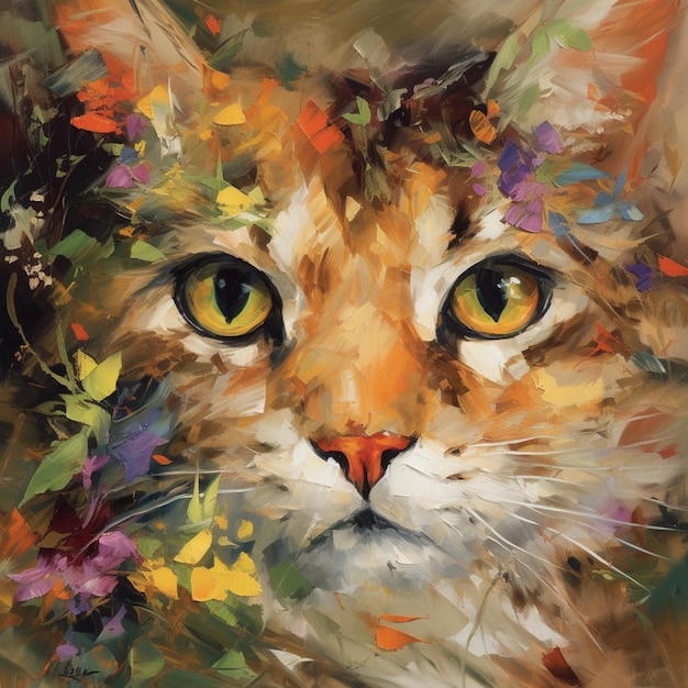 Peinture d'un chat avec des fleurs sur sa tête et ses yeux