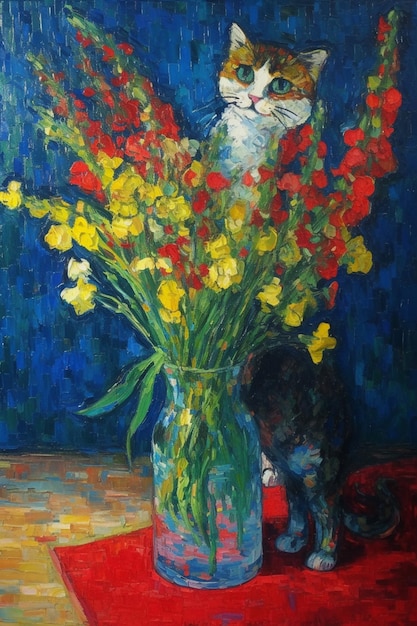 Une peinture d'un chat et de fleurs sur une table.