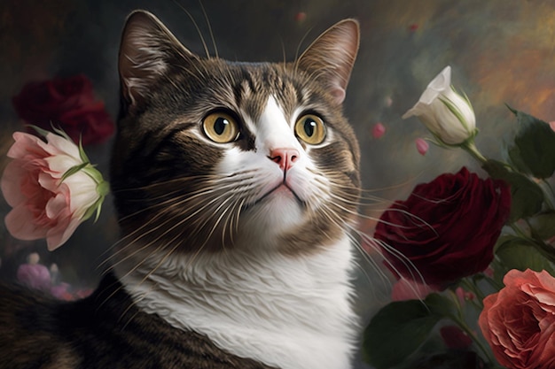 Une peinture d'un chat avec des fleurs