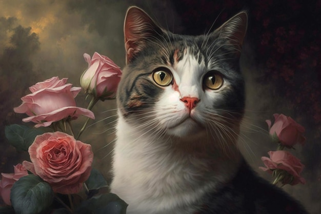 Une peinture d'un chat avec des fleurs