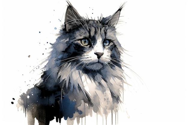 Une peinture d'un chat gris aux yeux bleus