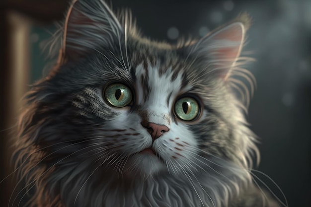 Une peinture d'un chat gris aux yeux verts.