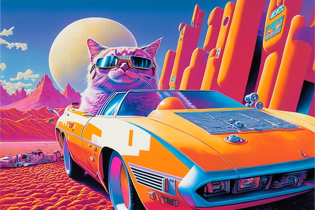 Une peinture d'un chat avec des lunettes de soleil et une voiture avec des lunettes de soleil.