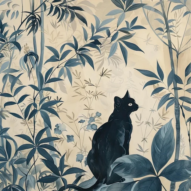 Une peinture d'un chat noir assis sur une branche d'arbre