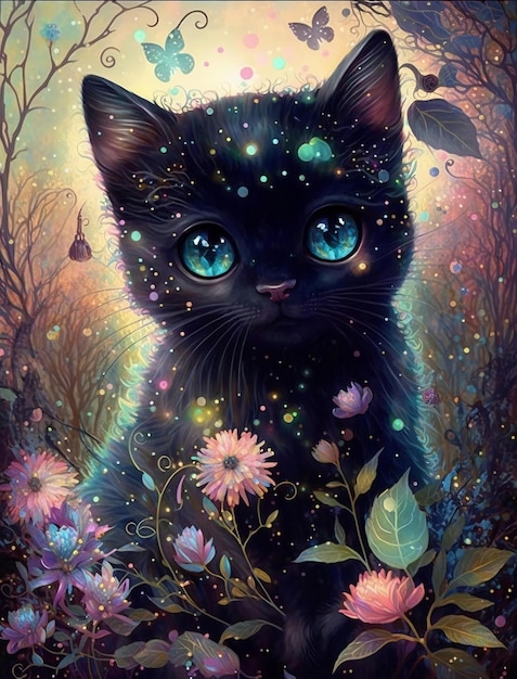 Une peinture d'un chat noir aux yeux bleus.