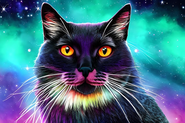 Une peinture d'un chat noir aux yeux jaunes et un fond bleu avec des étoiles.