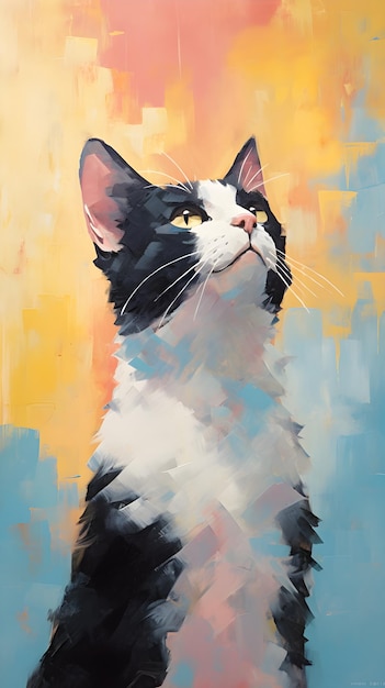 Une peinture d'un chat noir et blanc avec un fond jaune.