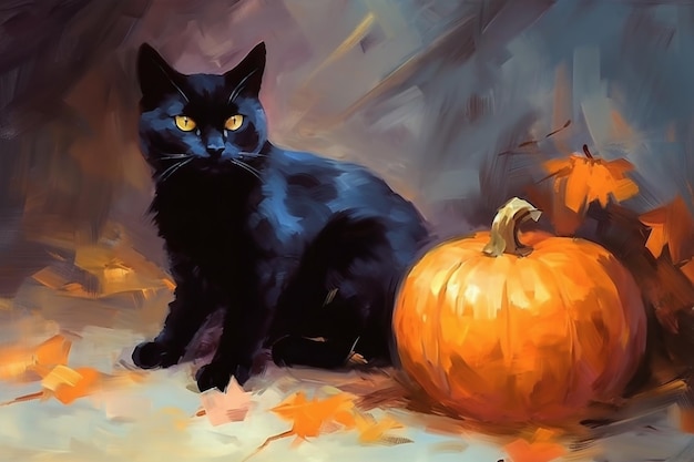 Une peinture d'un chat noir et d'une citrouille