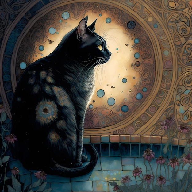 Une peinture d'un chat noir avec un motif de fleurs dessus