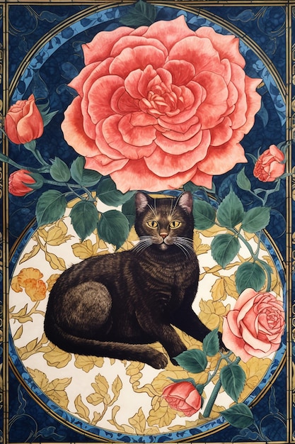 Une peinture d'un chat noir avec des roses dessus