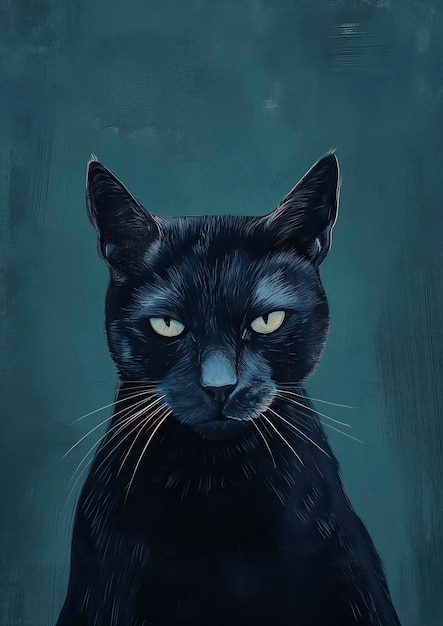 Peinture d'un chat noir avec des yeux jaunes et un fond vert