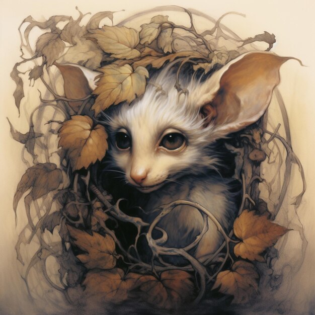 Photo peinture d'un chat avec des oreilles et des oreilles dans une couronne de feuilles ai générative