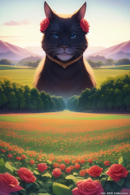 Une peinture d'un chat avec un paysage en arrière-plan