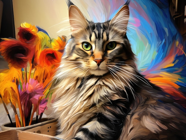 Photo peinture de chat peintre de portrait de chat atelier artistique professionnel peintre de chat travaille à la maison