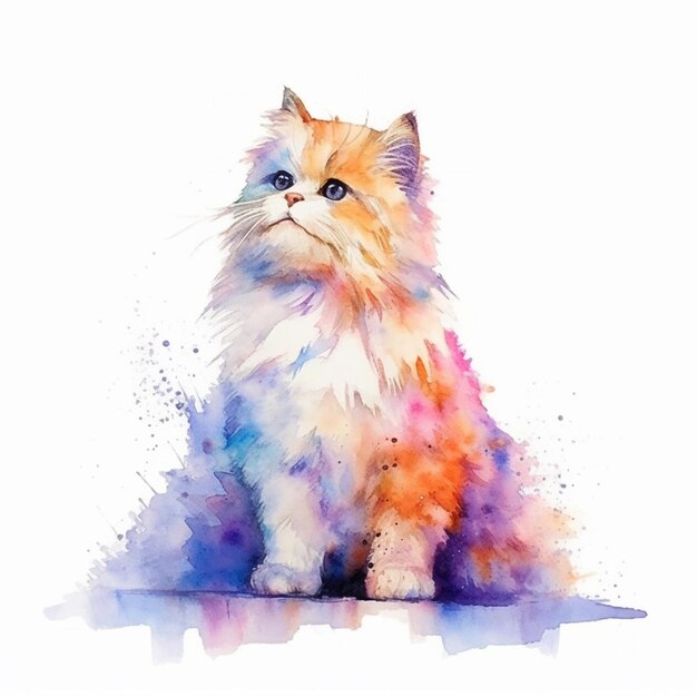 peinture d'un chat avec un pelage coloré assis sur une surface blanche IA générative