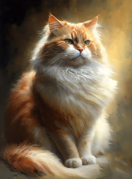 Une peinture d'un chat pelucheux avec un fond jaune.