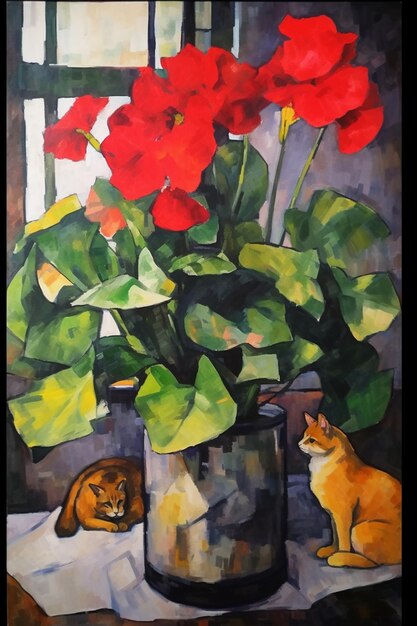 Photo une peinture d'un chat et d'un pot de fleurs avec un chat à droite.