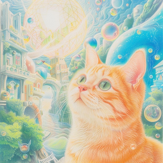 Photo peinture d'un chat regardant un bâtiment avec des bulles génératives ai