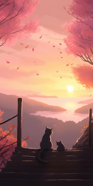 Une peinture d'un chat regardant le coucher du soleil