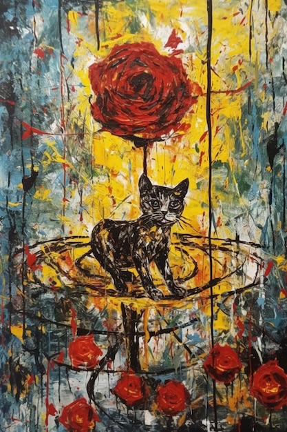 Une peinture d'un chat avec une rose dessus