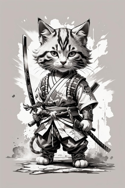 Peinture de chat samouraï dessin d'illustration artistique