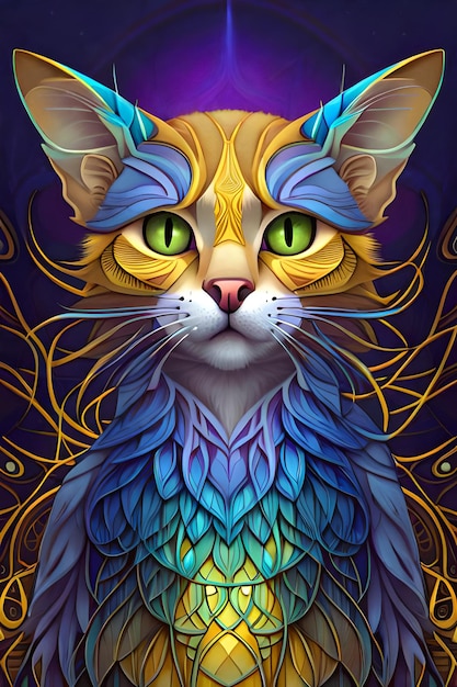 Une peinture d'un chat avec une tête et des ailes colorées.