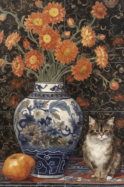 Une peinture d'un chat et d'un vase avec des fleurs oranges.