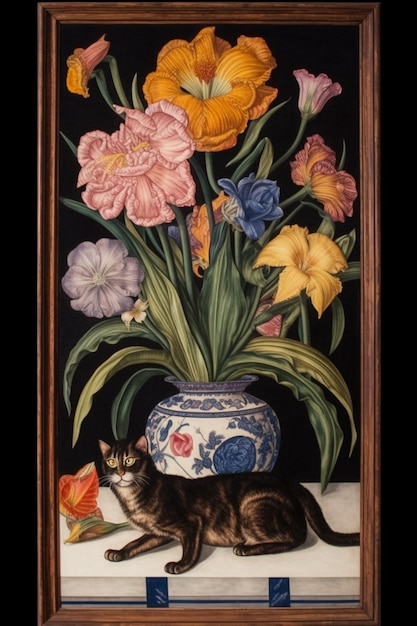 Une peinture d'un chat et un vase de fleurs sont sur une table.