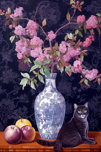 Une peinture d'un chat et un vase de fleurs sont sur une table.