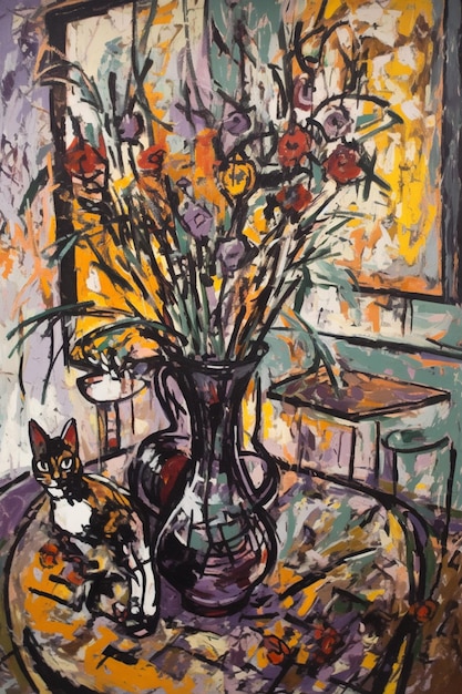 Une peinture d'un chat et d'un vase de fleurs sur une table.