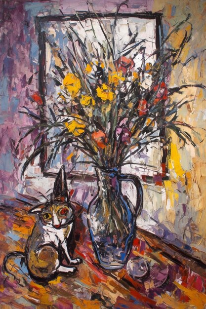 Une peinture d'un chat et d'un vase de fleurs sur une table.