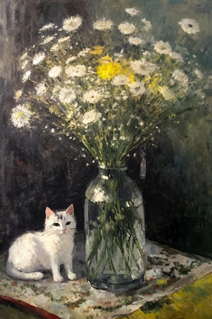 Une peinture d'un chat et d'un vase de fleurs.