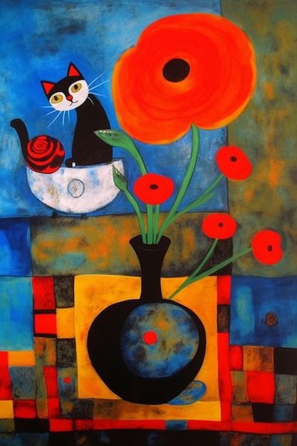 Une peinture d'un chat et d'un vase avec des fleurs.